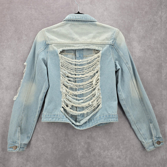 Blue Wash Raw Jeans Denim Distress Button Jacket Small