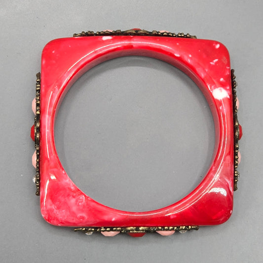 Red Resin Square Circle Costume Rhinestone Gems Bracelet Fashion Jewelry JB4-21