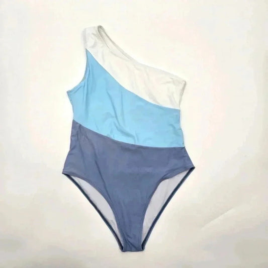 Shein One Shoulder Blue White One Piece Swimsuits Bathing Suit Medium