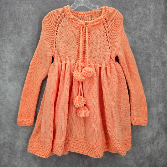 Orange Knit Button Up Tassel Handmade Flare Long Sleeve Girls Dress M Medium