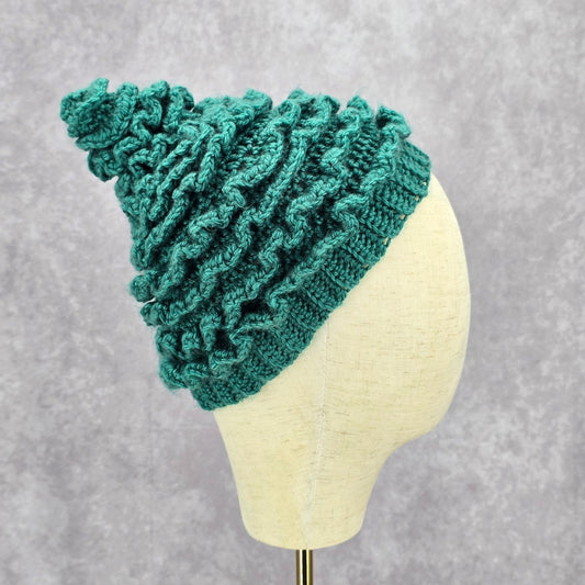 Green Ruffle Christmas Tree Funky Vintage Y2K Crochet Knit Beanie Beret Hat