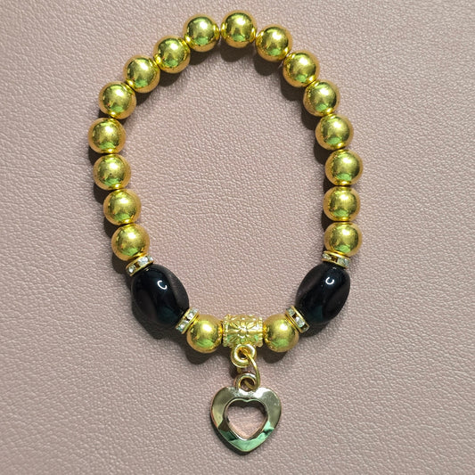 Gold Beaded Boho Style Elastic Bracelet Black Heart Charm Fashion Jewelry
