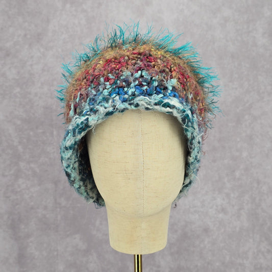 Blue Funky Vintage Y2K Bucket Beanie Skater Brown Fringe Knit Crochet Whimsy Hat