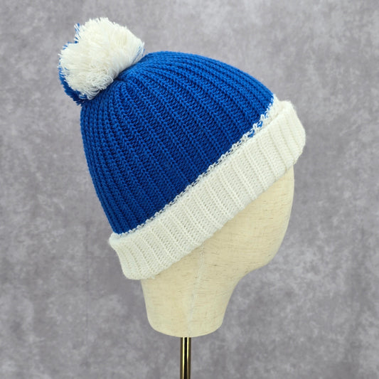 Blue White Pom Pom Crochet Knit Bucket Cap Hat Fun Vintage Y2K Funky Beanie