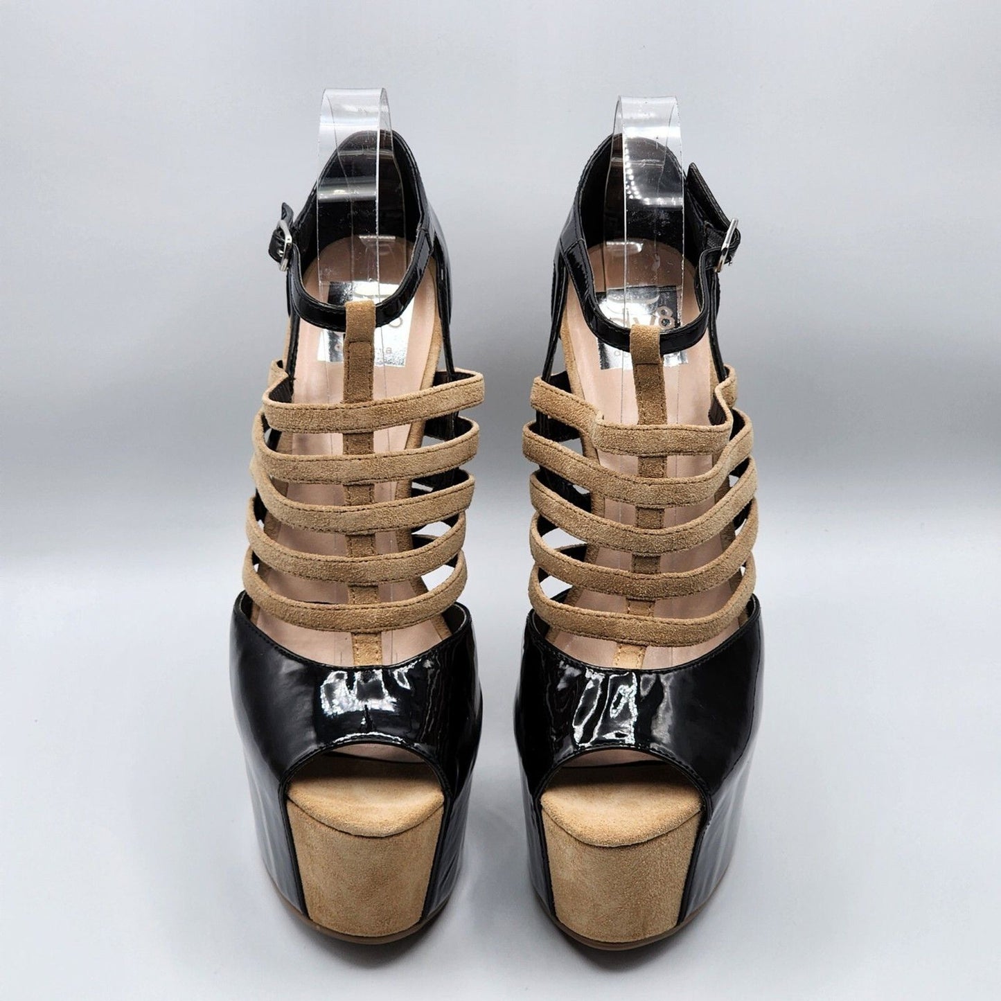 DV8 Dolce Vita Harleta Suede Nude Black Heels Open Toe Retro Strappy Shoes 7.5