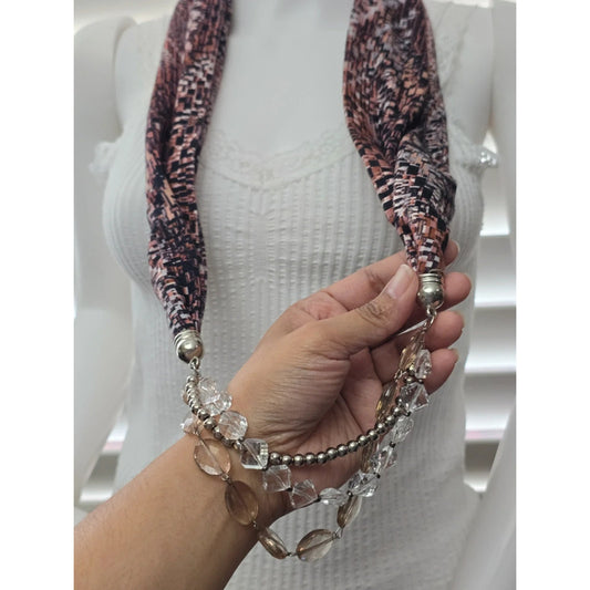 Brown Pattern Beaded Boho Fairy Cottage Infinity Scarf OSFM