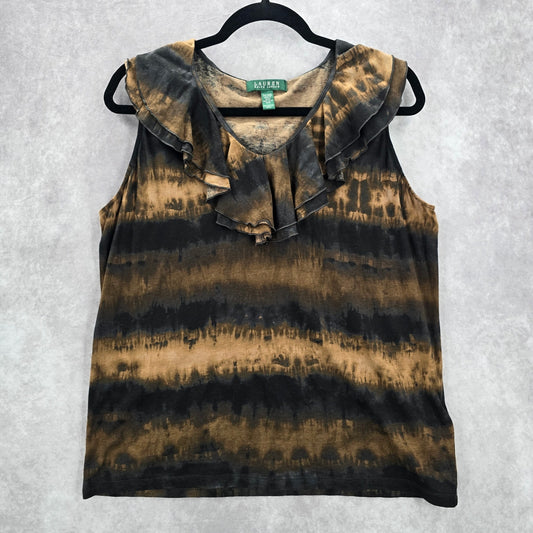 Lauren Ralph Lauren Black Brown Tie Dye Ruffle Blouse Tank Top Plus 1X