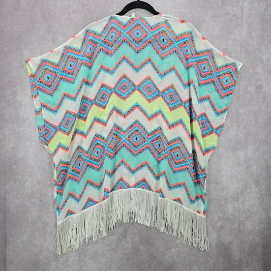 OP White Chevron Wrap Fringe Boho Beach Swim Cover Up Duster Kimono Medium M 7-9
