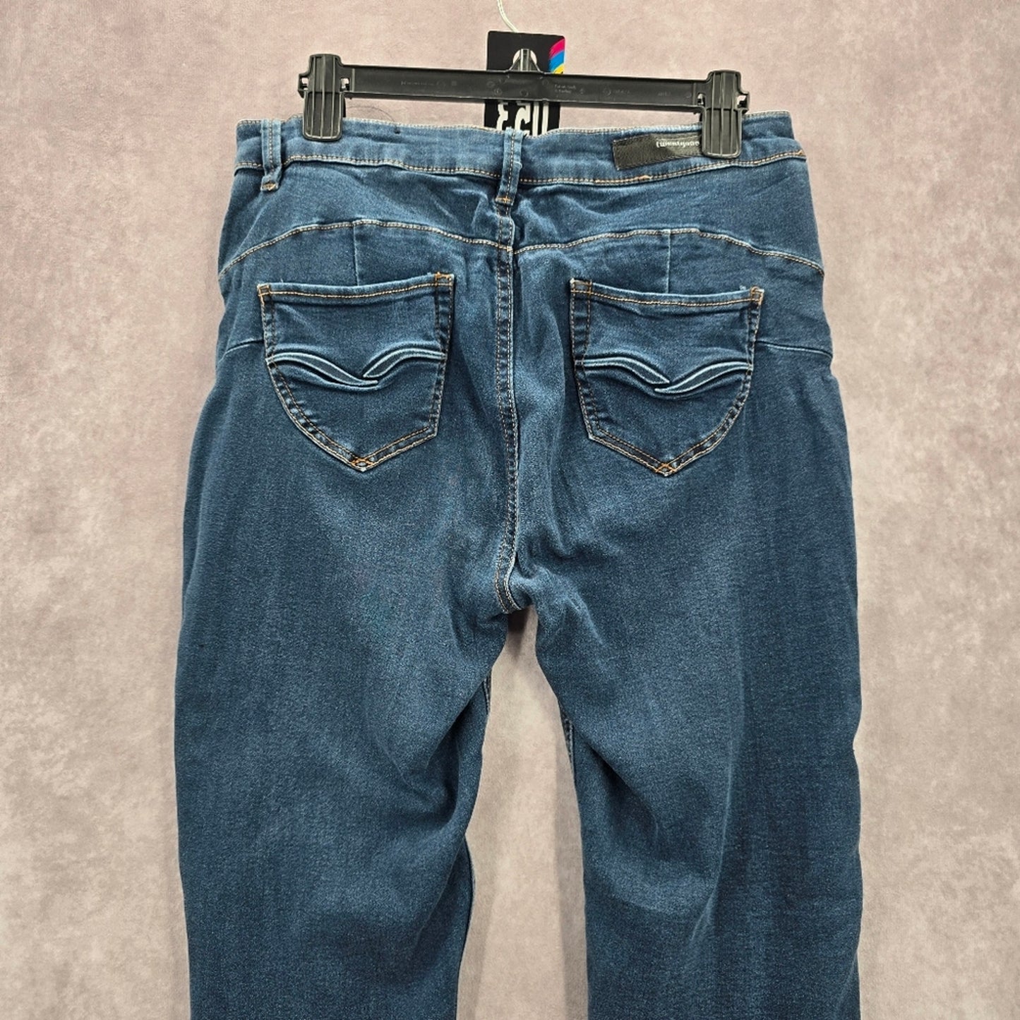 053. Rue21 Twentyone Black Blue Denim Pants Straight Stretch Skinny Jeans 13/14R