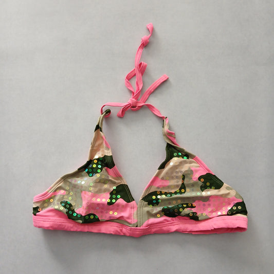 Pink Y2K Swim Resort Beach Junior Grunge Goth Camo Sequin Bikini Top Large 14