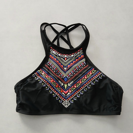 Black Y2K VTG Swim Tropical Resort Beach Grunge Goth Vacation Bikini Top Large