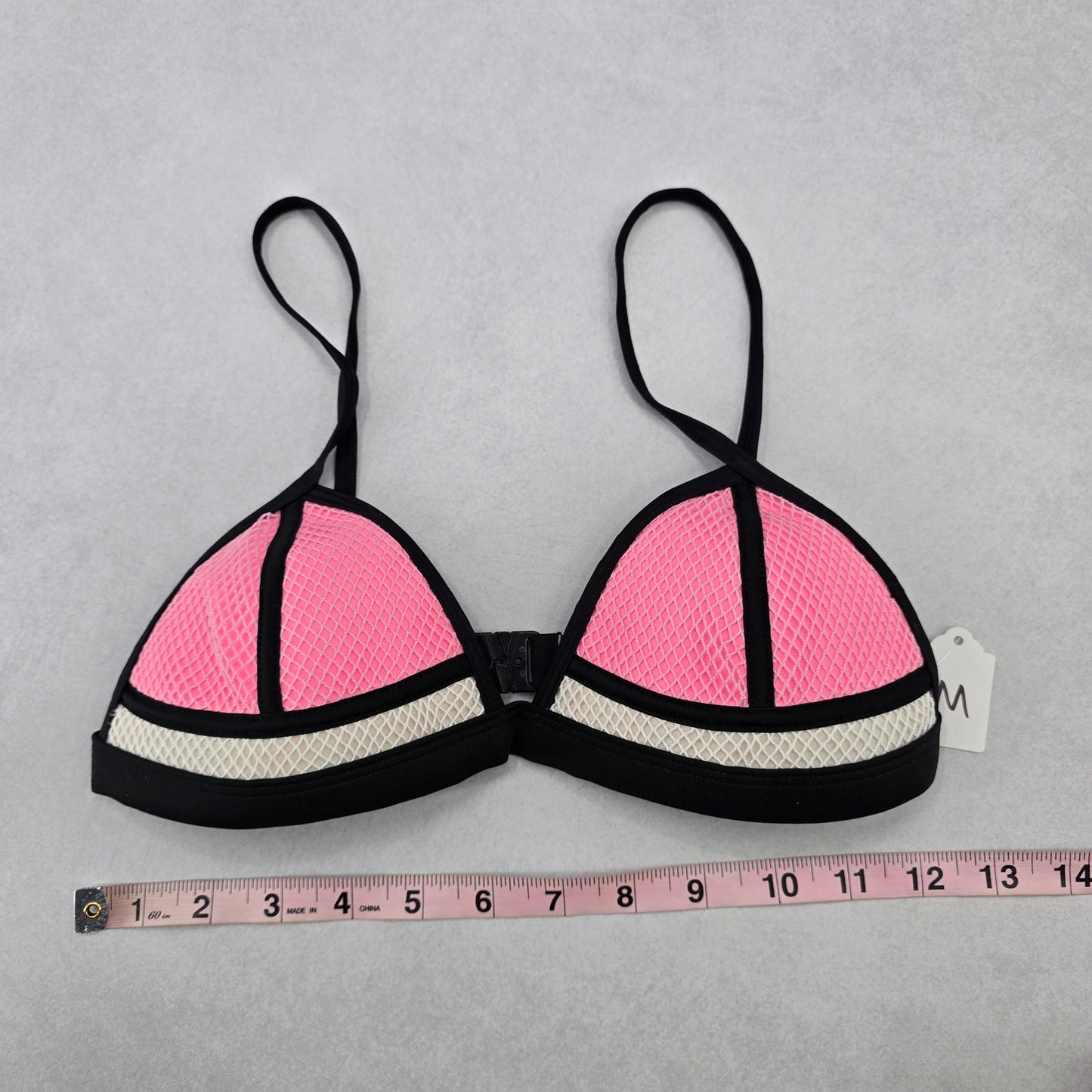 Black Pink Mesh Boho Triangle Padded Swim Sports Bra Beach Bikini Top M Medium