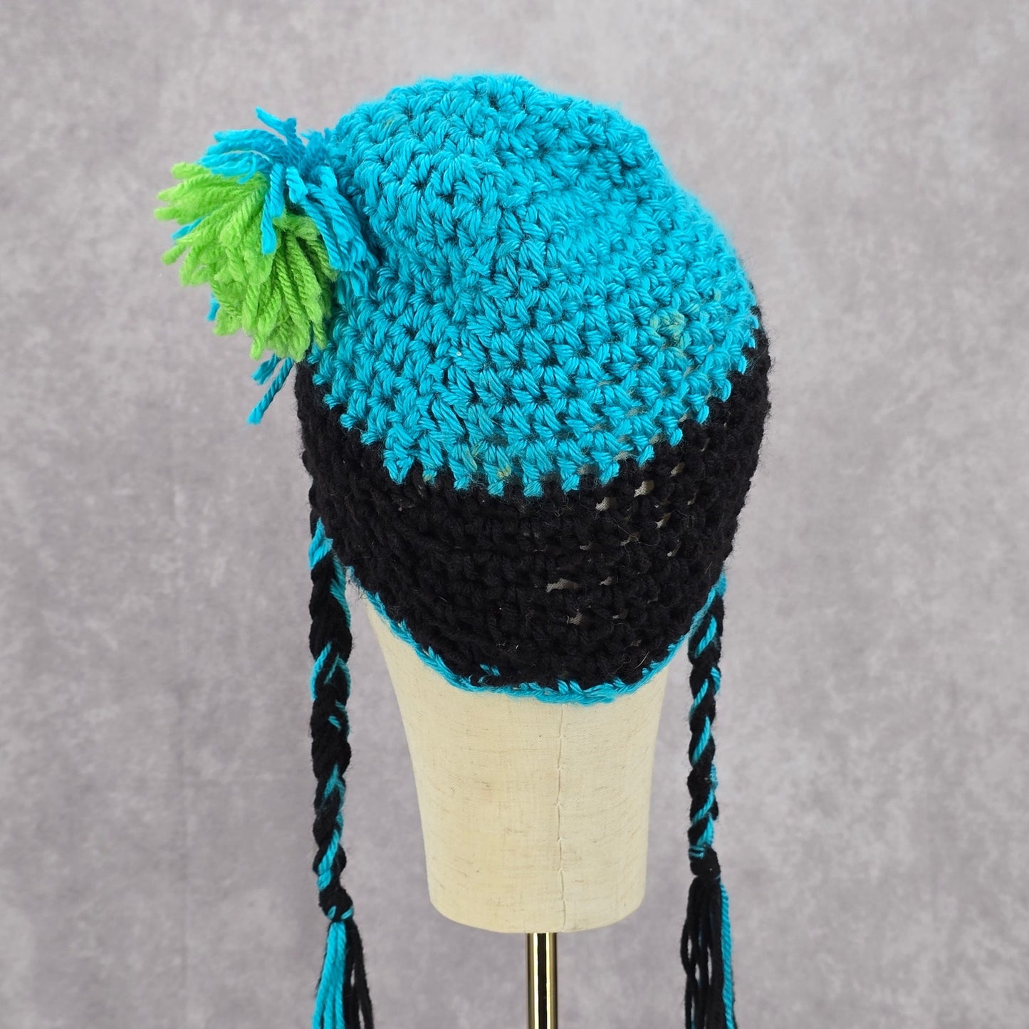 Blue Black Braid Pom Pom Tassel Crochet Funky Knit Bucket Cap Hat Beanie