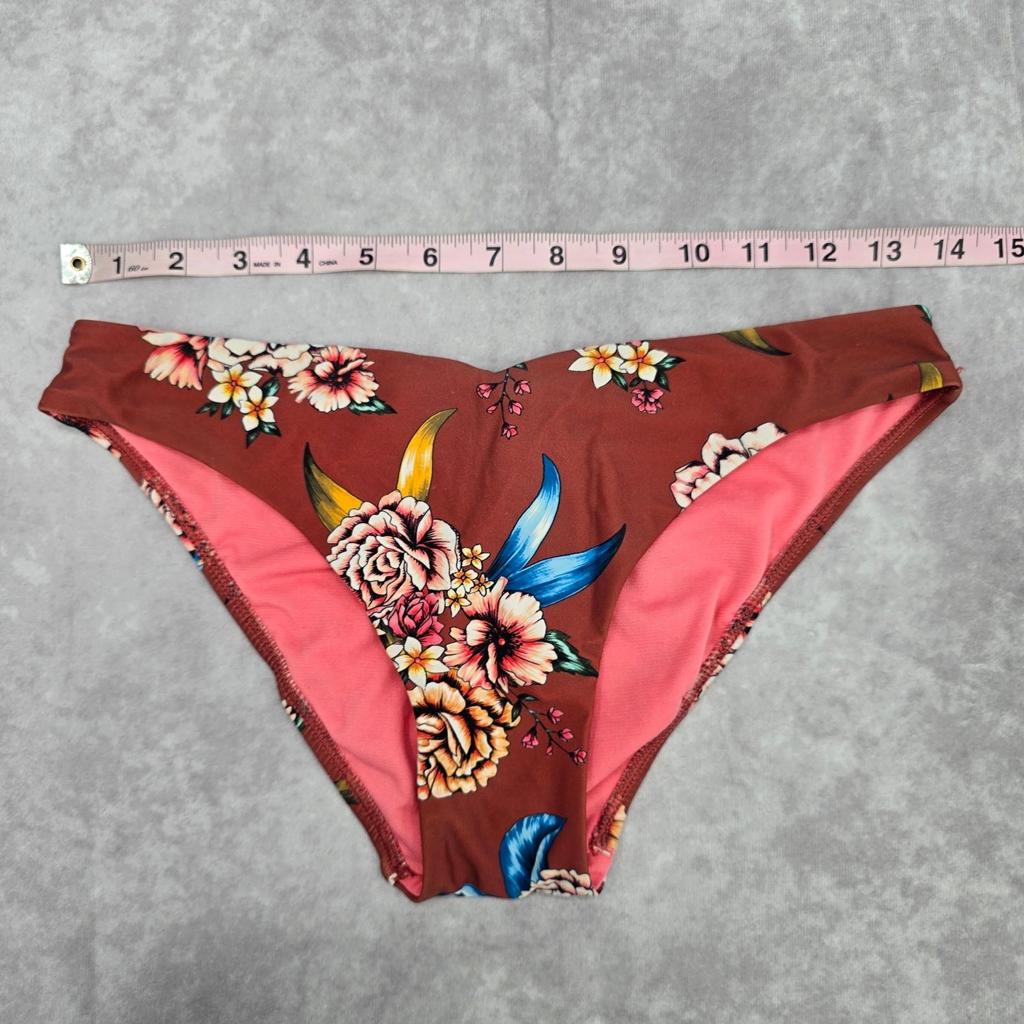No Boundaries Brown Blue Floral Tie Medium Bikini Bottom Swimwear