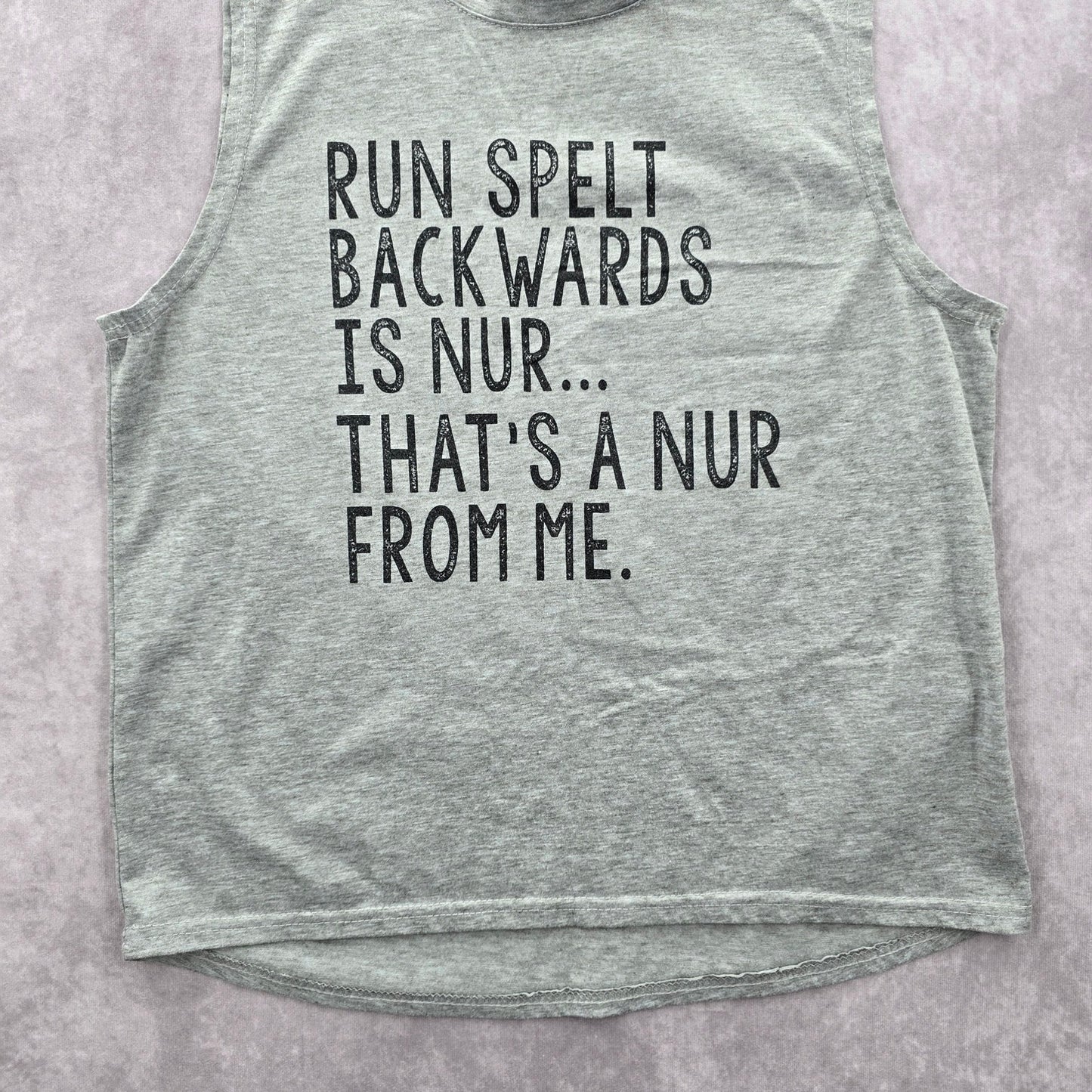 Gray Sleeveless Muscle Tshirt Tee Activewear Run Spelt Backwards Shirt Medium
