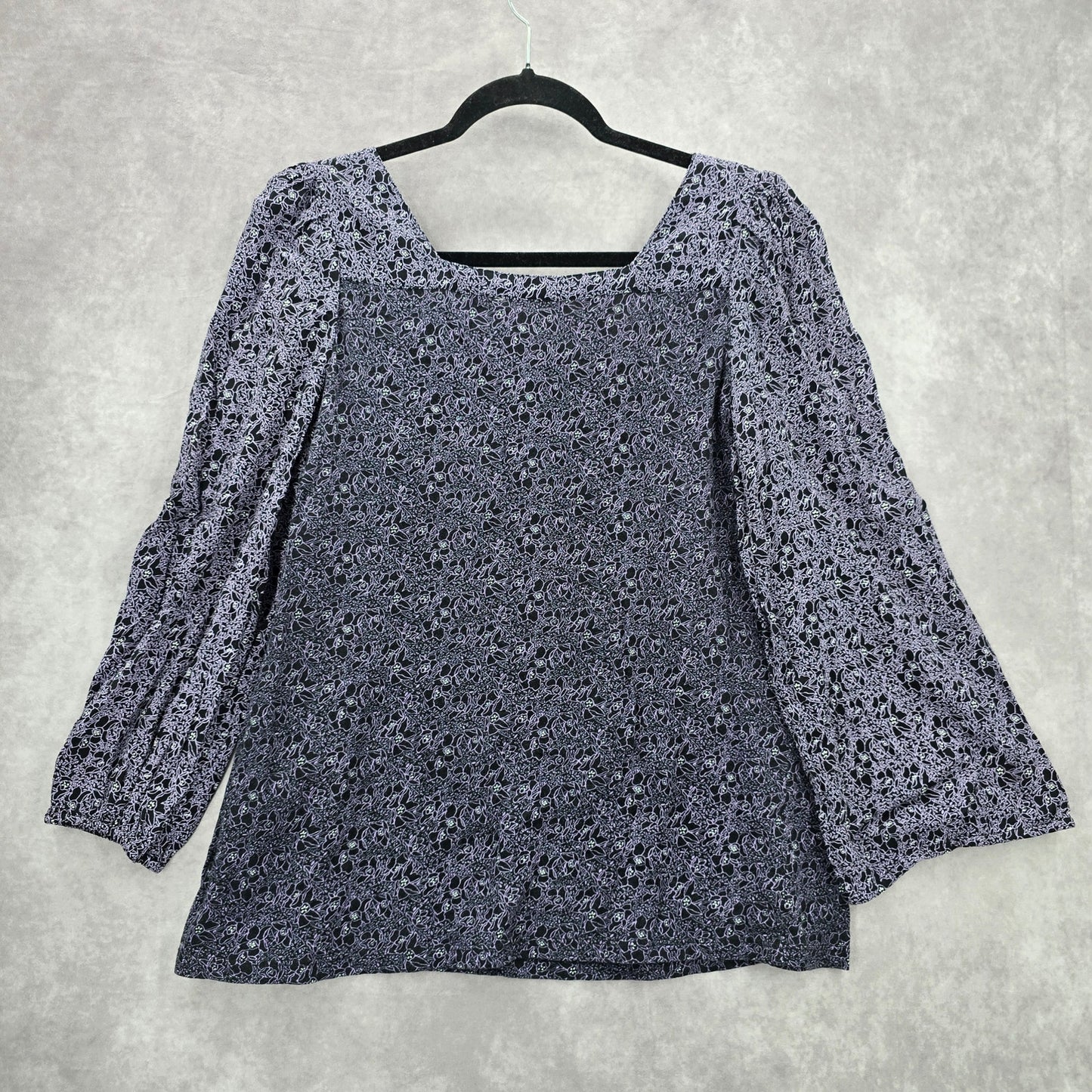 Style & Co Purple Black Floral Long Sleeve Flare Top Shirt Blouse Medium