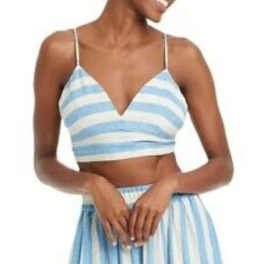 A New Day Blue & White Linen Bungalow Beach Bikini Top Cropped Bra Tank L Large
