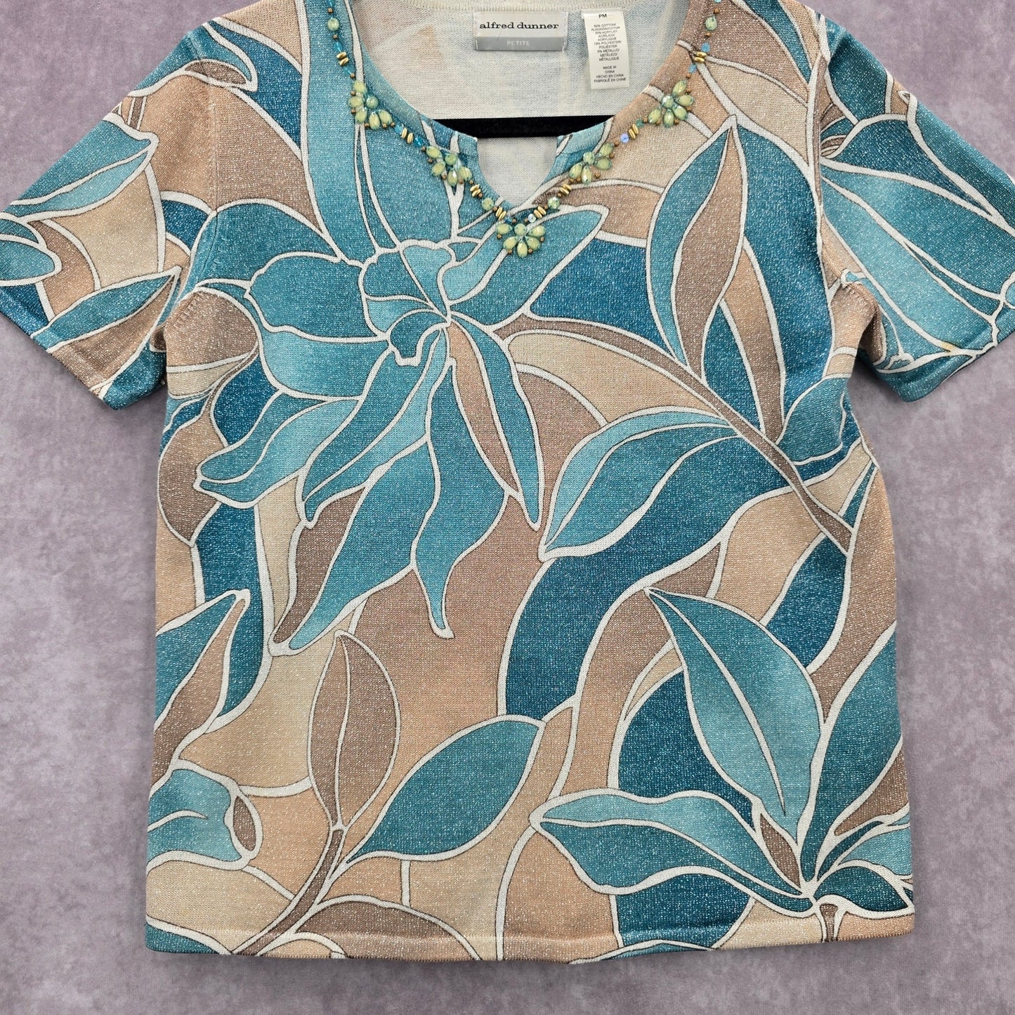 Alfred Dunner Blue Floral Short Sleeve Cotton Beaded Shirt Top Petite Medium