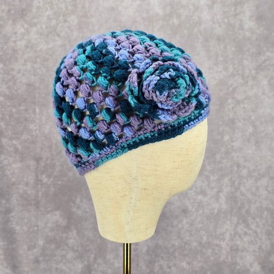 Blue Purple Crochet Knit Bucket Cap Hat Flower Vintage Y2K Beanie