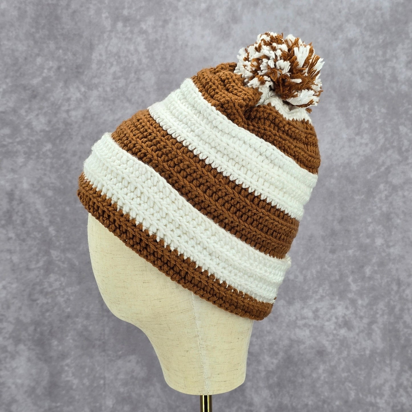 Brown Pom Pom White Cable Knit Vintage Y2k Funky Beanie Crochet Hat