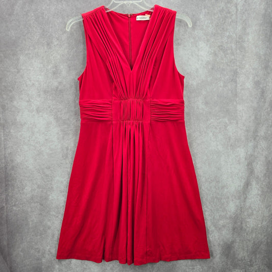 Calvin Klein Red Knee Length Pleat Sleeveless Fit Flare Formal Party Dress 12