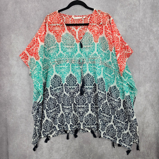 Downeast White Floral Tassel Boho Beach Swim Cover Up Duster Kimono XS/S