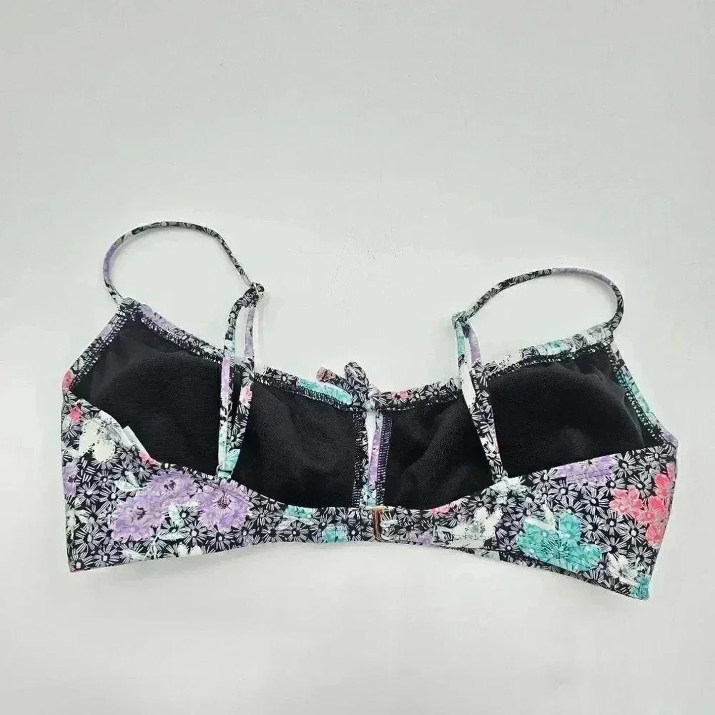 Time and Tru Black Floral Padded Adjustable Strap Bikini Top Swimwear Small