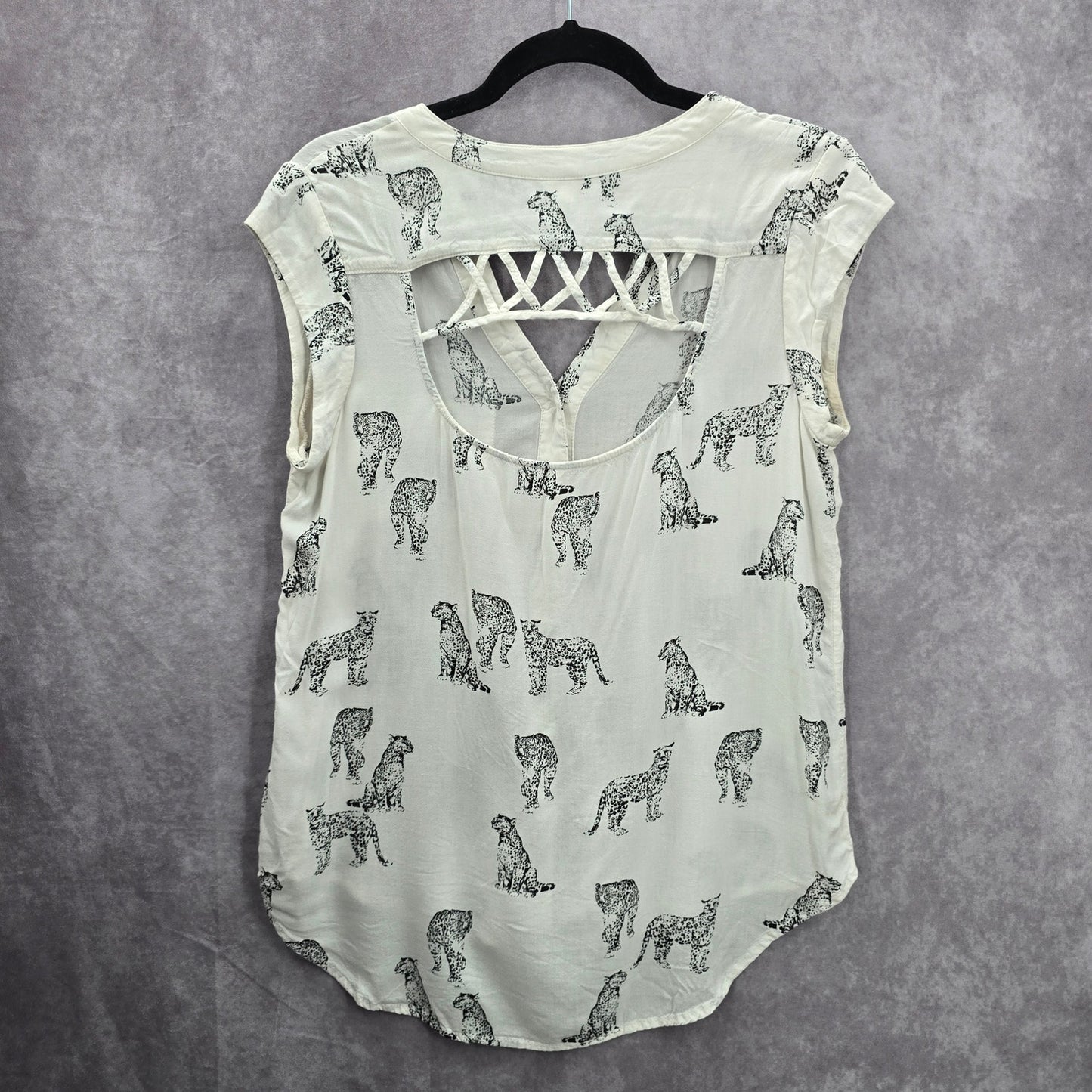 Studio Y White Black Leopard Print Cutout Crisscross Button Up Top Medium