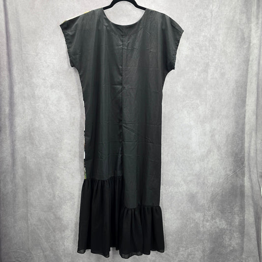 Takaya Siam Black Short Sleeve Maxi Feather Print Sheer Ruffle Dress Medium
