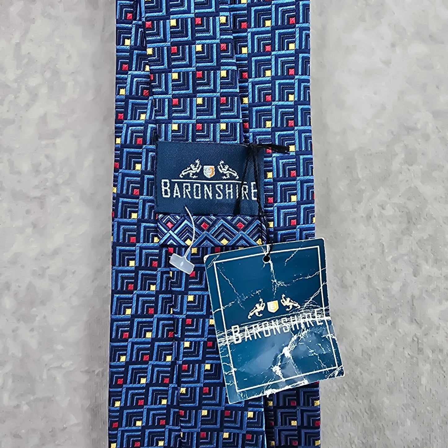 Baronshire Blue Red Yellow Geometric Repp 100% Silk Mens Neck Tie