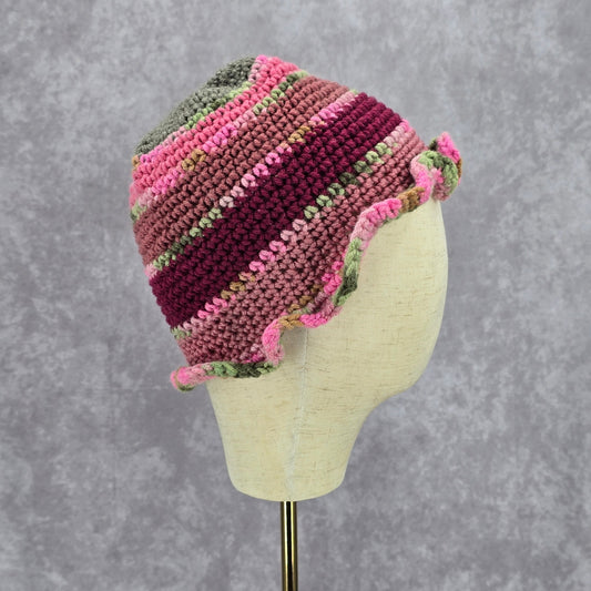 Pink Green Ruffle Crochet Knit Bucket Cap Hat Fun VTG Y2K Funky Beanie