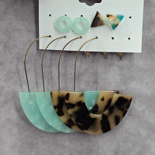 Green Brown Dangle Hoop Resin Stud Set Boho Retro Earring Fashion Jewelry