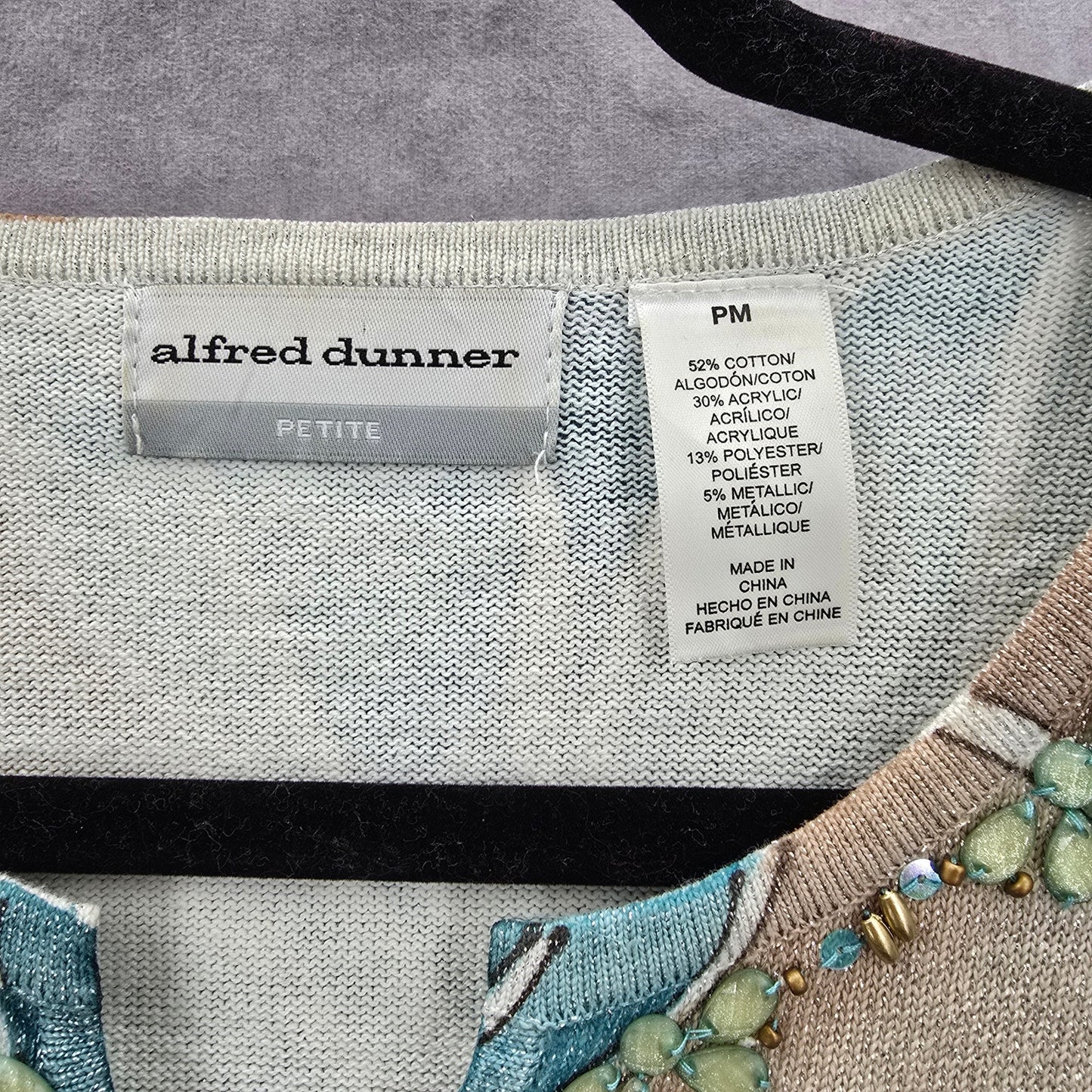 Alfred Dunner Blue Floral Short Sleeve Cotton Beaded Shirt Top Petite Medium