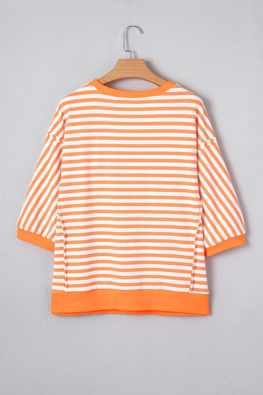 Orange Stripe 3/4 Sleeve Exposed Seam Patchwork Pullover Top