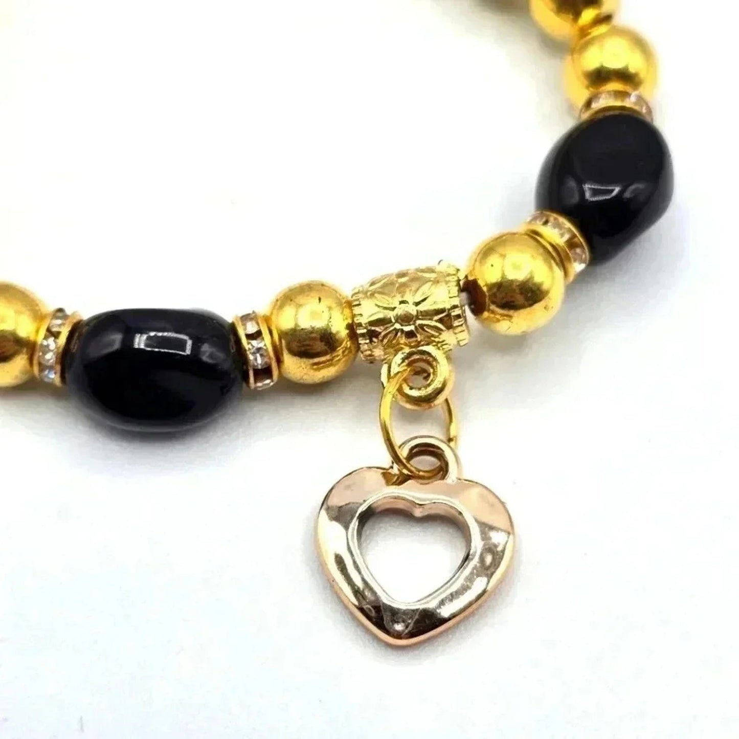 Gold Beaded Boho Style Elastic Bracelet Black Heart Charm Fashion Jewelry