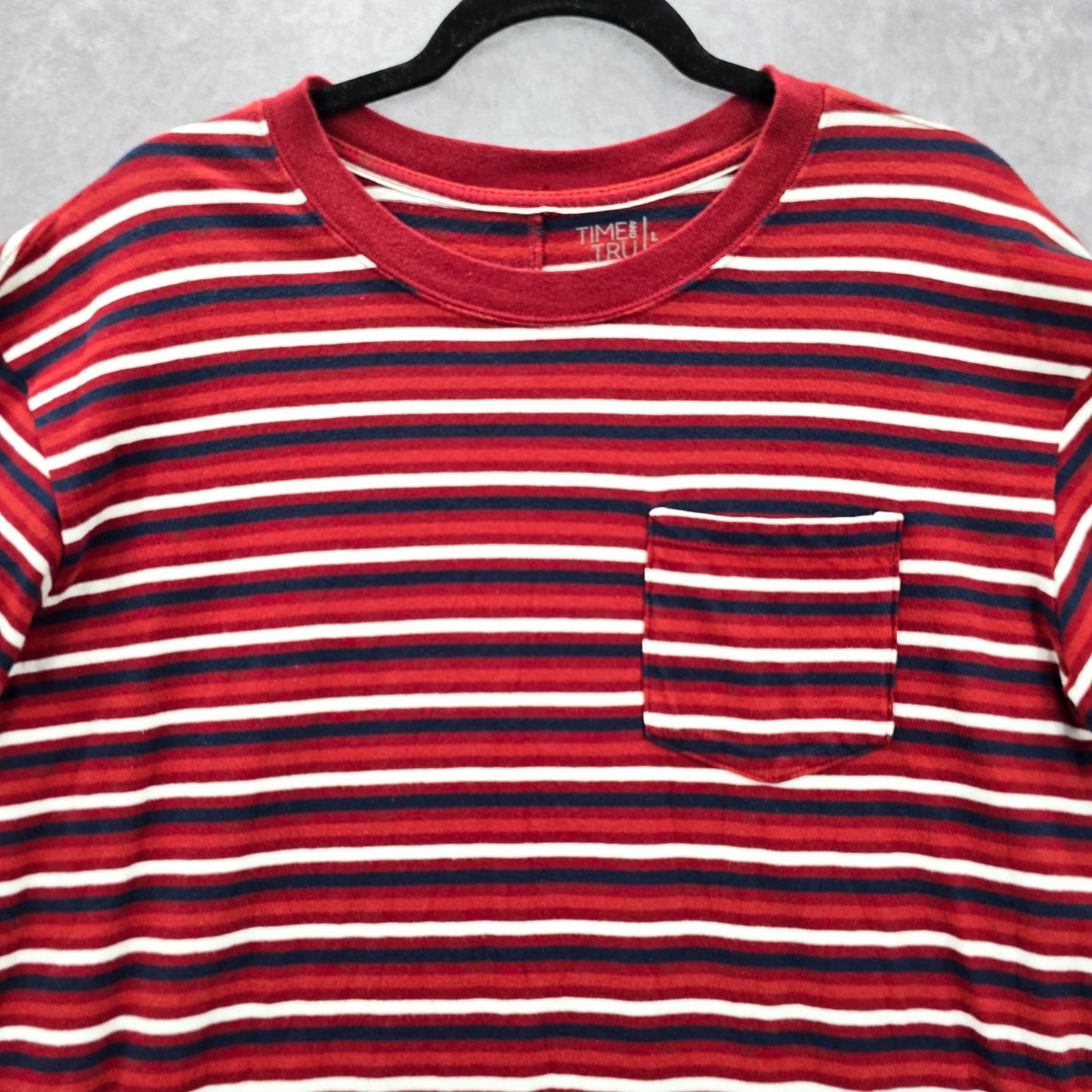 Time and Tru Red Stripe Short Sleeve Cotton Knee Length Pocket Dress Large