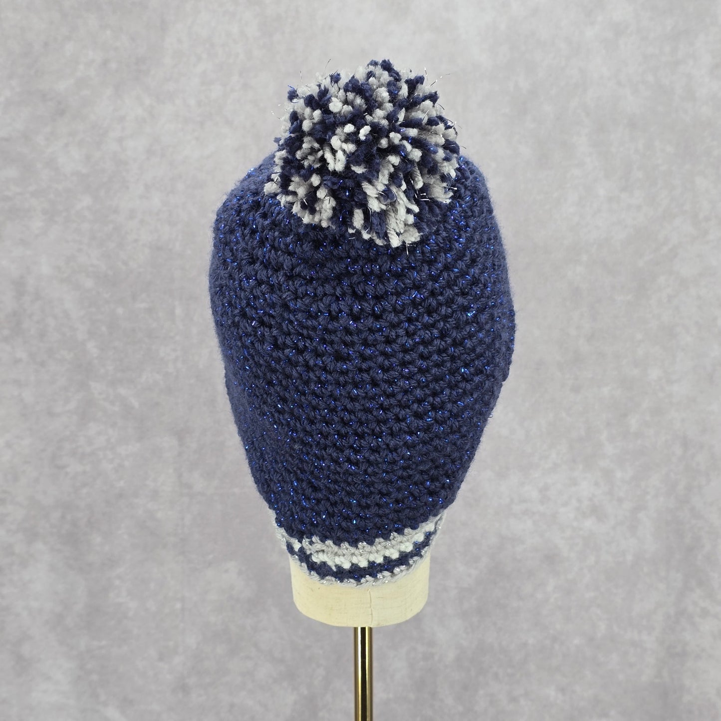 Navy Blue White Cable Pom Pom Bucket Knit Vintage Y2k Funky Beanie Crochet Hats