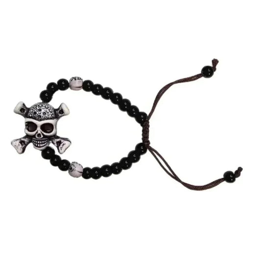 Skull Black Bead Braided Rope Bracelet Adjustable Goth Halloween B5