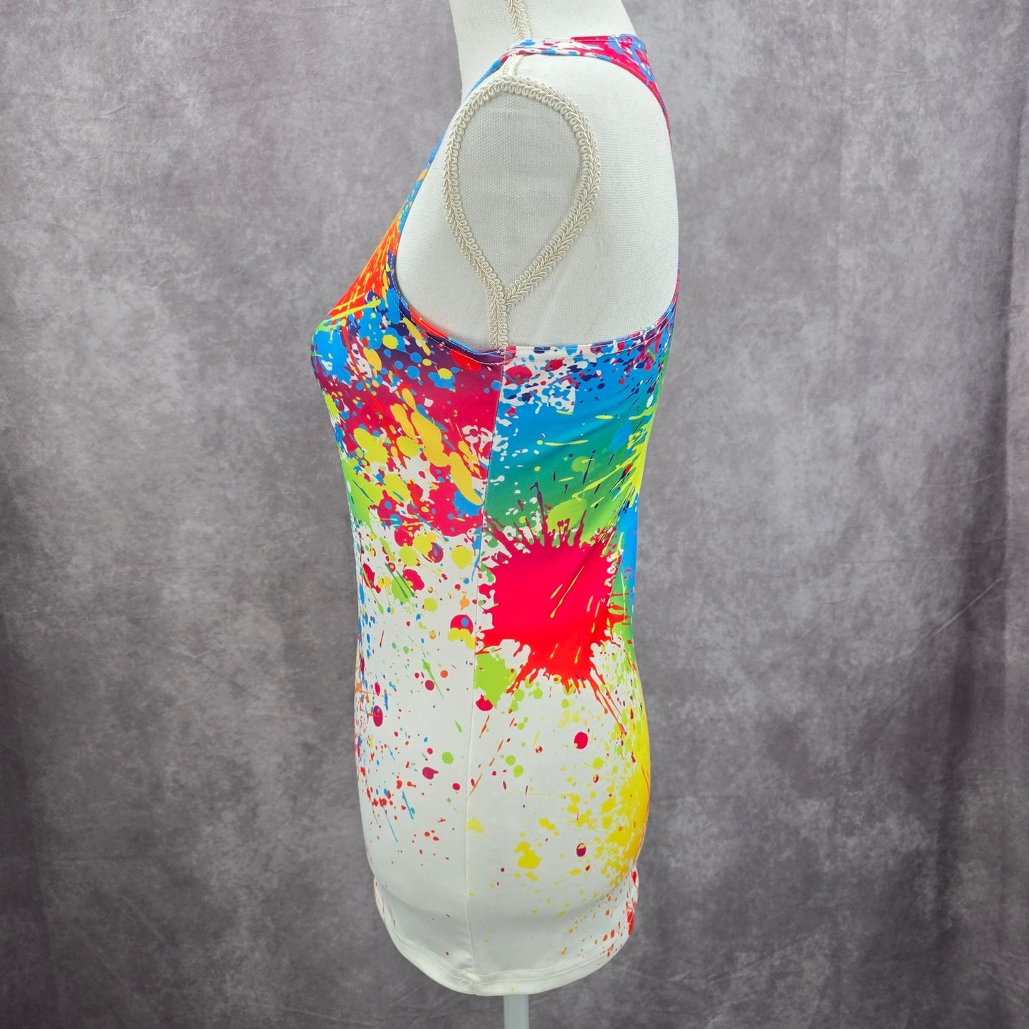White Racerback Color Blast Activewear Retro Funk Paint Splash Tank Top Small