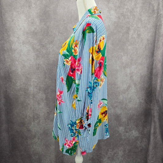 Ruby Rd Blue Stripe Floral Button Up Shirt Top Medium