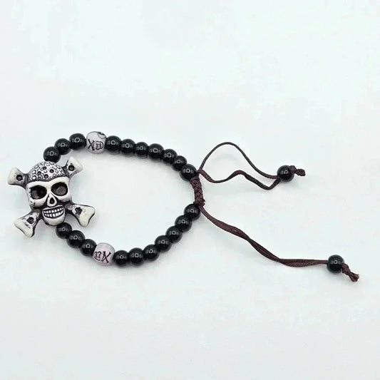 Skull Black Bead Braided Rope Bracelet Adjustable Goth Halloween B5