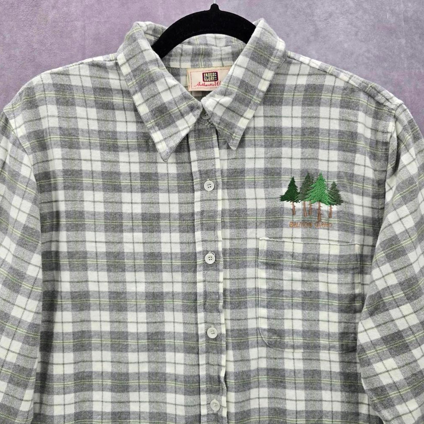 Faded Glory Gray Plaid Stripe Long Sleeve Flannel Button Up Top Shirt Medium