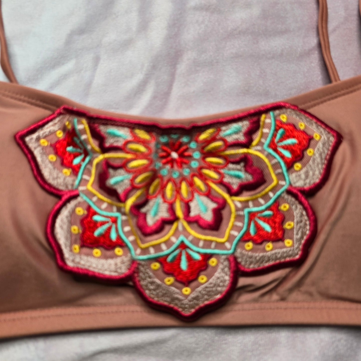 Mae Pink Mauve Floral Embroidered Padded Adjustable Bikini Top XS