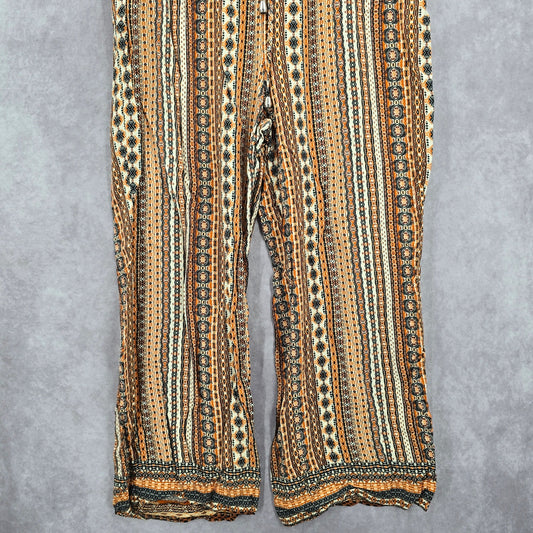 Orange Boho Floral Pullon Wide Straight Hippy Bottoms Pants S/M Small Medium