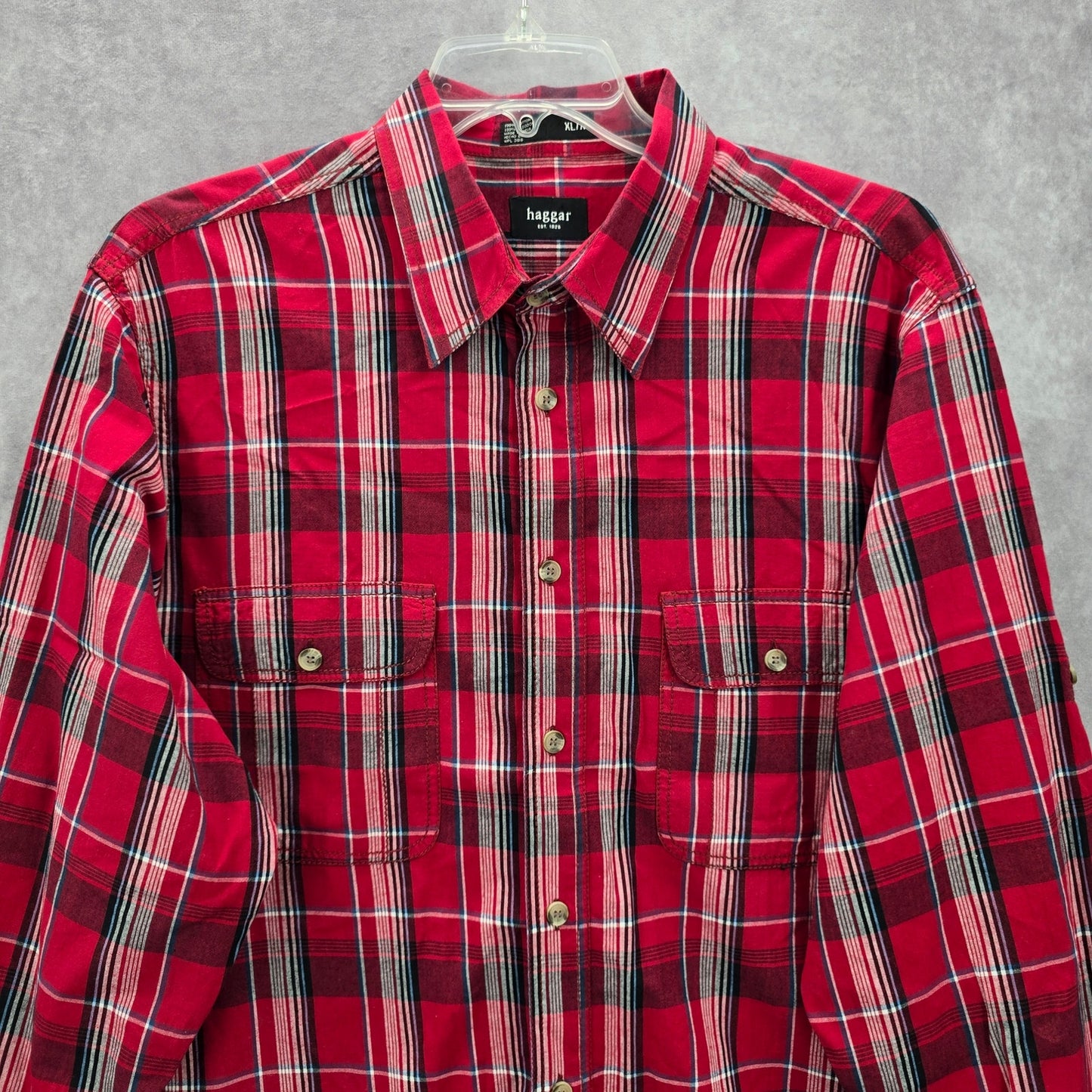 Haggar Red Plaid Mens Button Down Work Casual Long Sleeve Dress Shirt XL