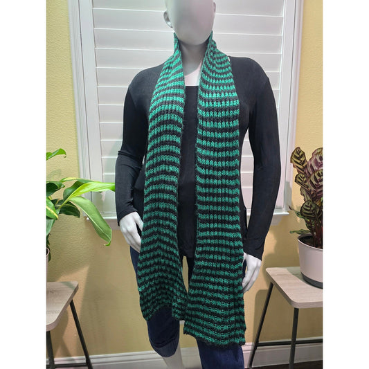Green and black striped knit scarf worn on mannequin