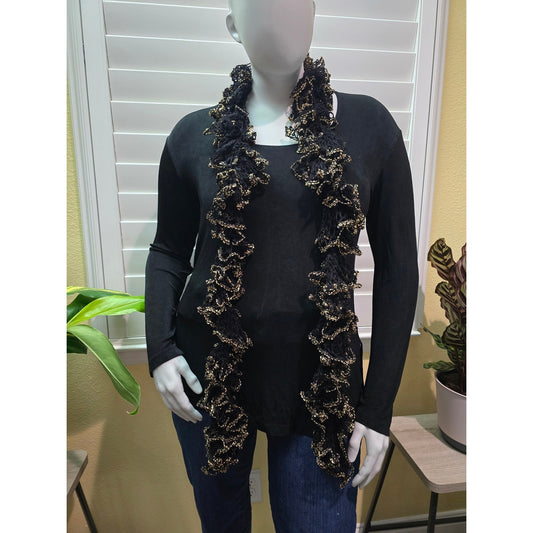 Black and gold ruffled gothic fairy scarf worn on mannequin