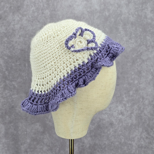 Vintage Y2K Crochet Festival Kawaii Purple White Knit Beanie Floral Funky Hat