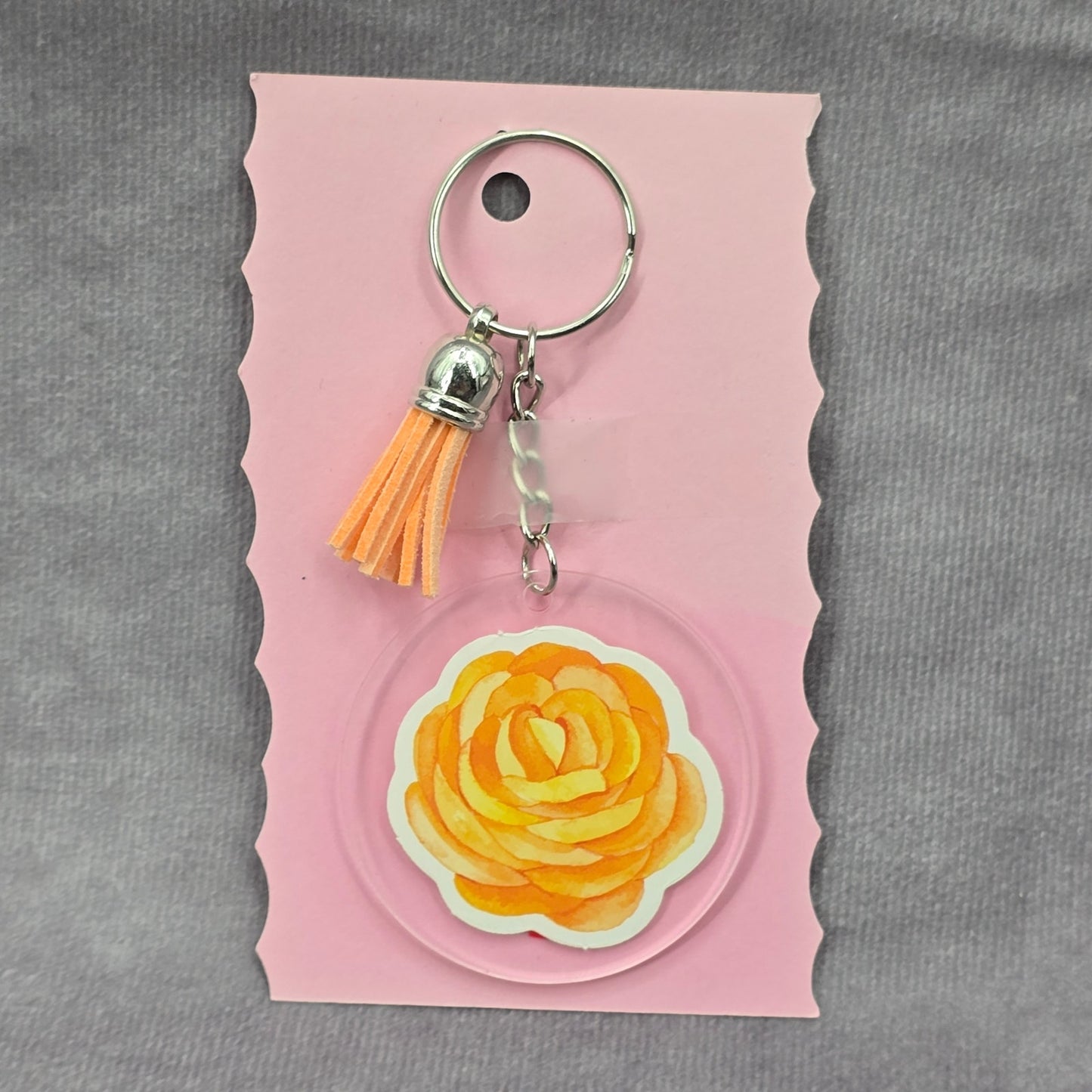 Letter Keychain Clear Silver Circle Handmade Acrylic Tassel Flower P Orange