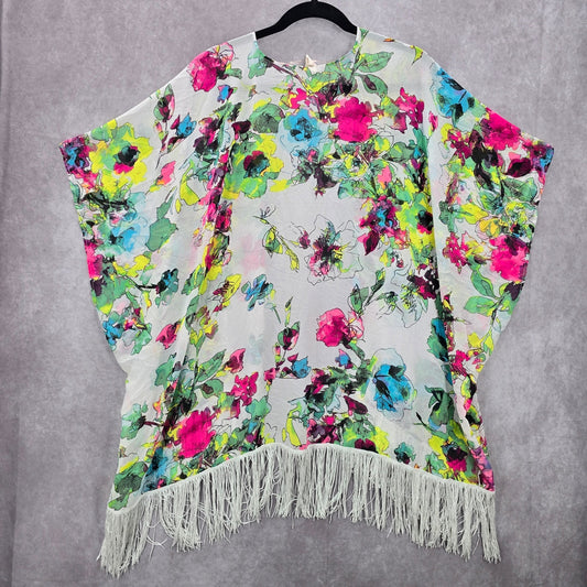 OP White Floral Fringe Boho Beach Swim Cover Up Duster Kimono XL Extra Large